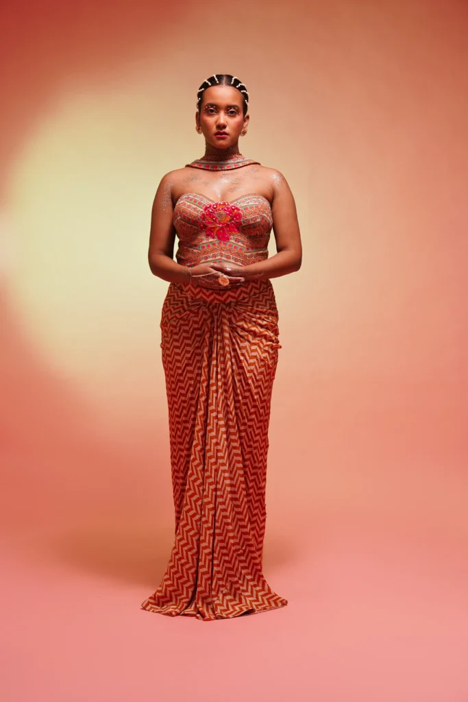 Ochre Draped Skirt with Basant Phool Corset